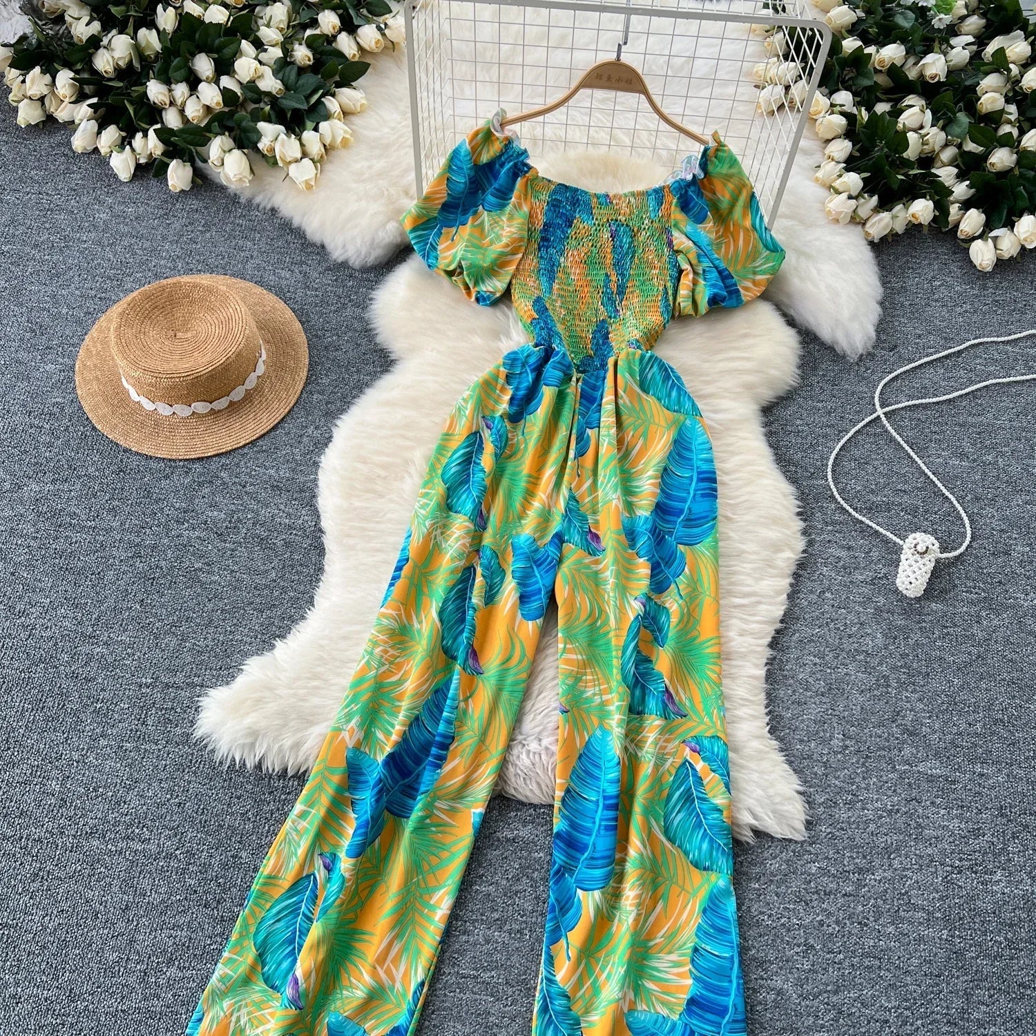 Square Neck Loose Pleated Jumpsuit with Ruffles Backless Design Wide Leg Long Pants Elegant Chic Printed Playsuit for Women