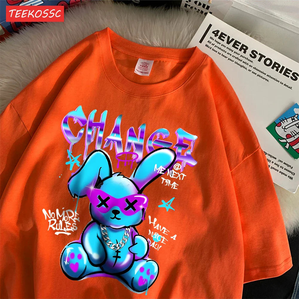 Trendy Cartoon Rabbit Print Summer T-Shirts for Women in Soft Cotton Short Sleeve Loose Fit Casual Tops