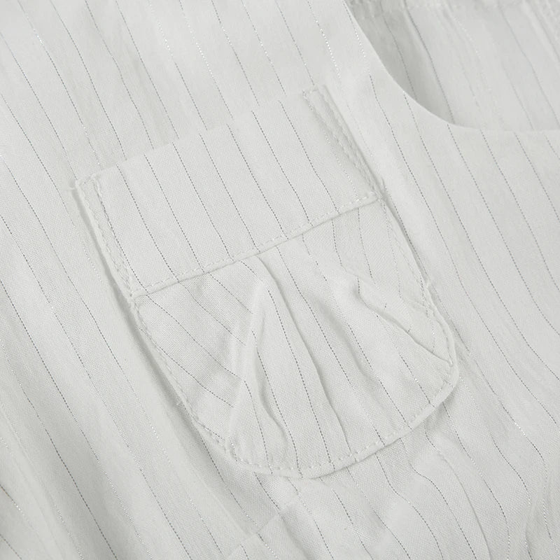 Slim Striped Blouse for Women Casual V-Neck Turn-Down Collar Short Puff Sleeve Summer Shirt