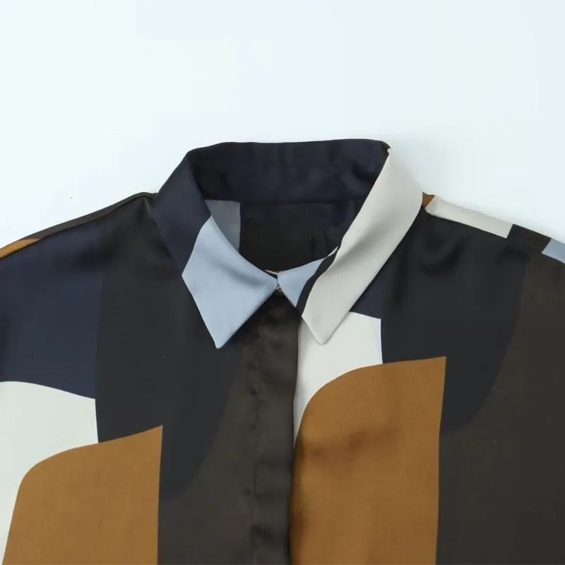 Women's Satin Printed Lapel Shirt Long Sleeve Hidden Button Slim Fit Casual Chic Top for Spring and Summer