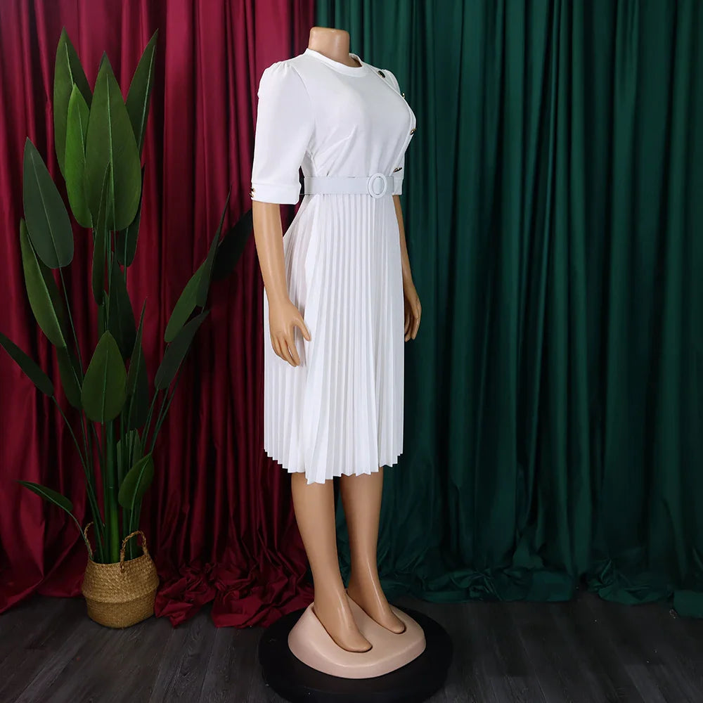 Elegant Pleated Dress for Women Formal Half Sleeve Belted