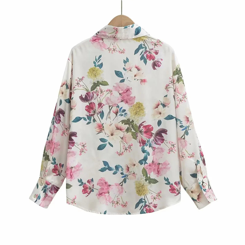 Loose Fit Women's Silk Satin Printed Shirt Versatile Three-Dimensional Slimming Texture for Spring and Summer