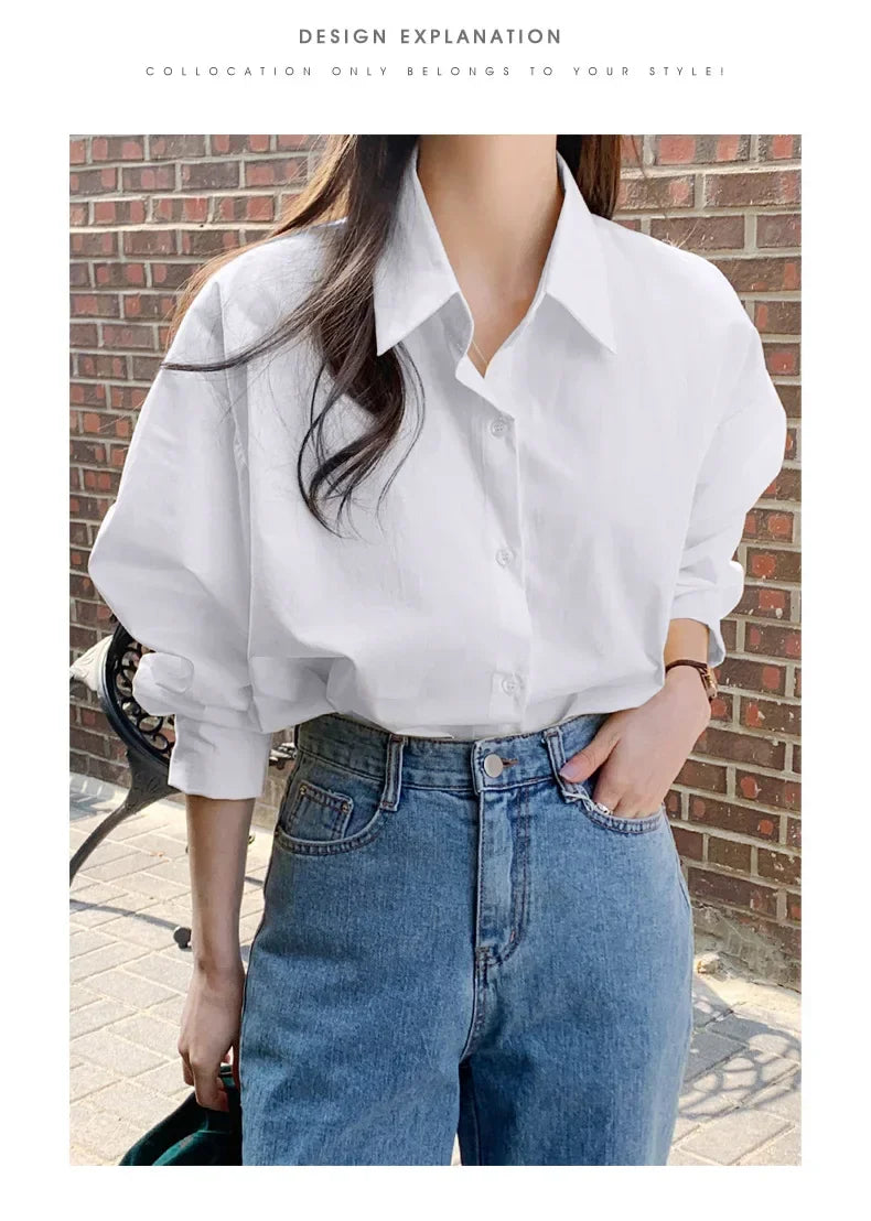 Women's Casual Loose Fit Long Sleeve Lapel Shirt 100 Percent Cotton Pure Color Versatile Layering Top for Spring and Autumn