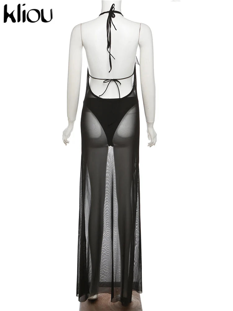 Mesh Halter Neck Two Piece Set For Women Sheer Swinging Crop Top With Solid Long Skirt Sexy Summer Midnight Outfit