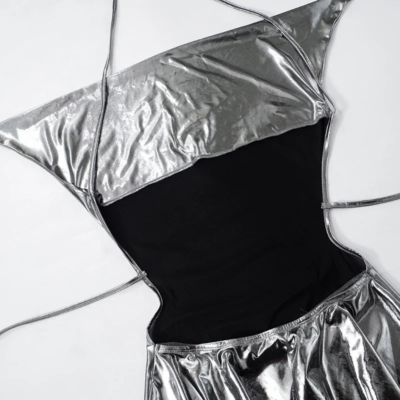 Metallic V Neck Backless Pleated Mini Dress For Women