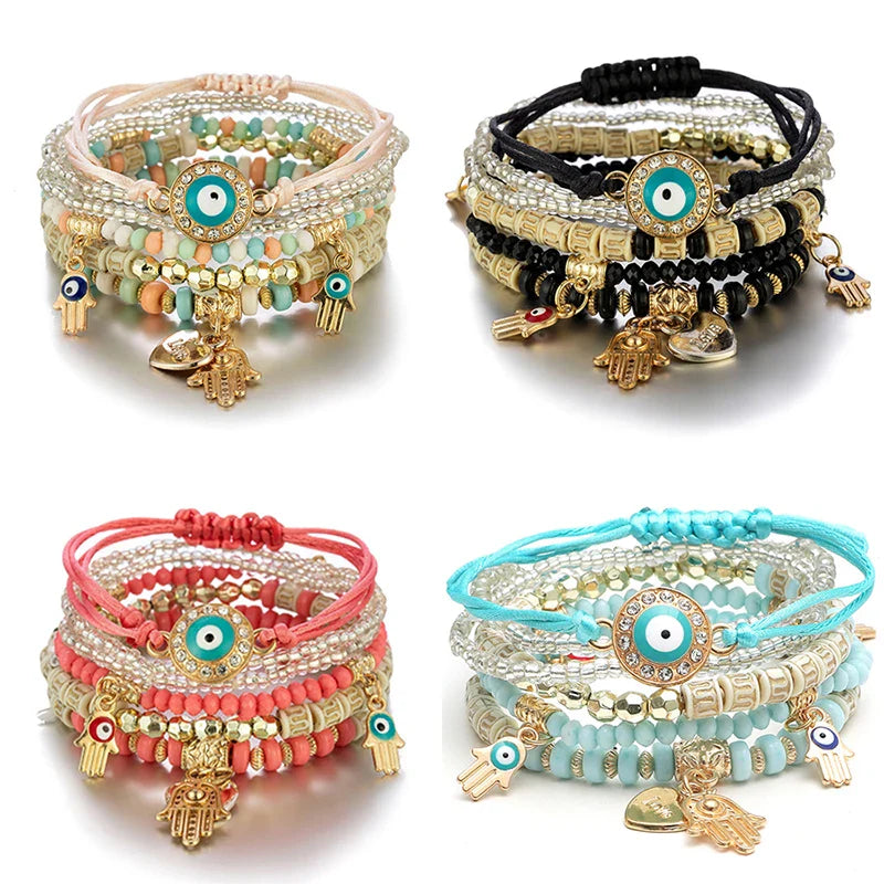 6 Pieces Bohemian Evil Eye Bracelet Set with Fatima Hand Heart Charm Beaded Rope Chain Bangles for Women