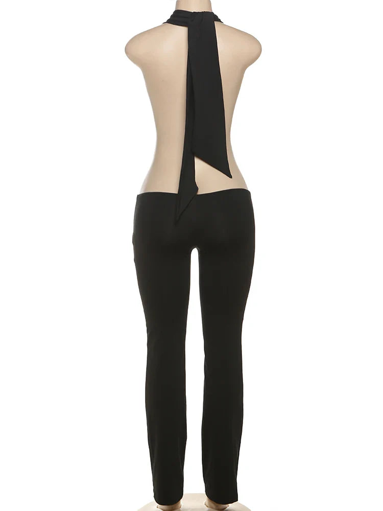 Backless Irregular Hollow Bandage Jumpsuit for Women Deep V-Neck Halter Skinny Stretch Sexy Hipster Streetwear