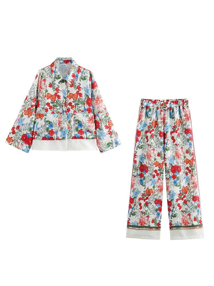 Women's Bohemian Casual Trousers Set with Long Sleeve Shirt and High Waisted Wide Leg Pants