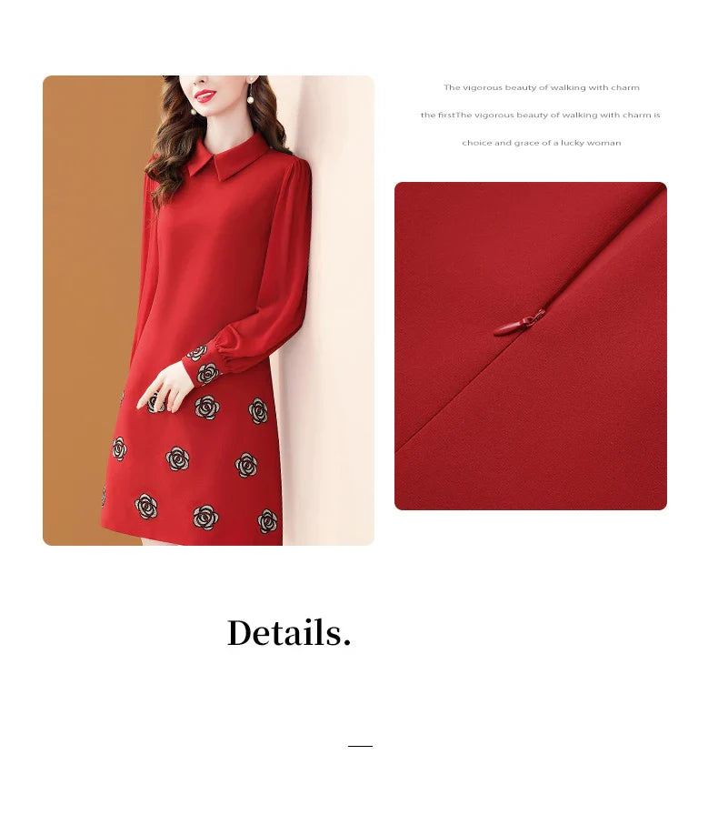 Floral Embroidery Chiffon Dress With Polo Collar For Office