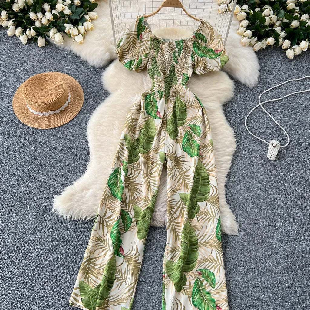 Square Neck Loose Pleated Jumpsuit with Ruffles Backless Design Wide Leg Long Pants Elegant Chic Printed Playsuit for Women