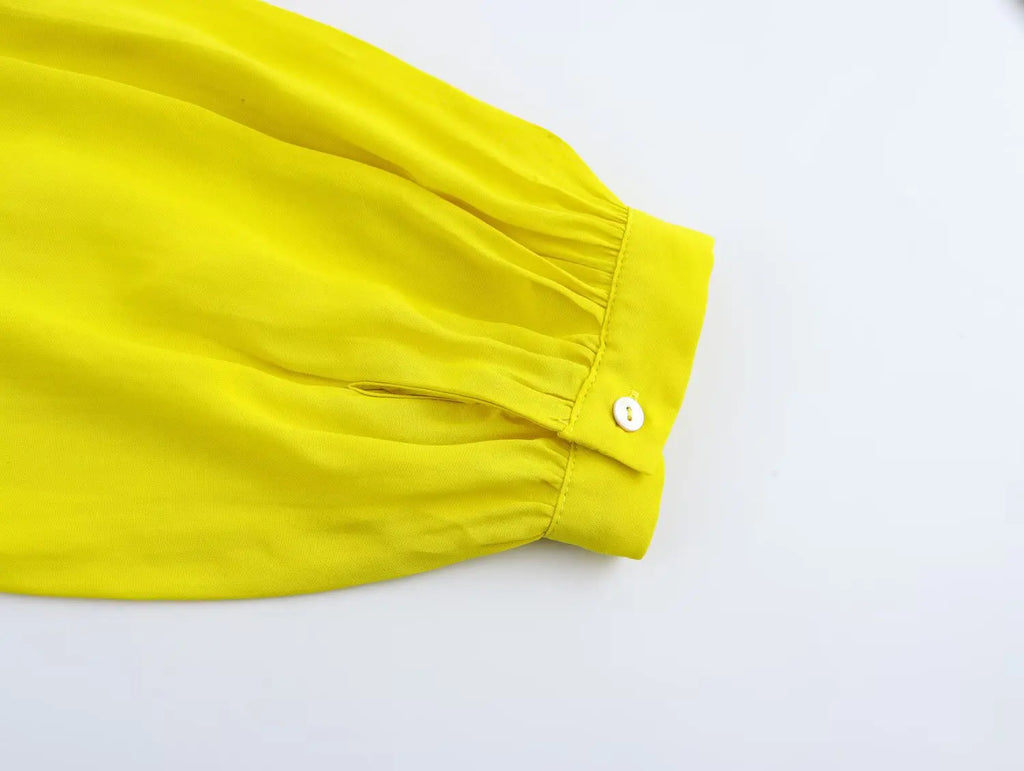 Women Bow Tie Loose Fit Shirt with Lapel Collar Long Sleeve Single-Breasted Solid Color Casual Patchwork Top Spring Summer Chic Blouse