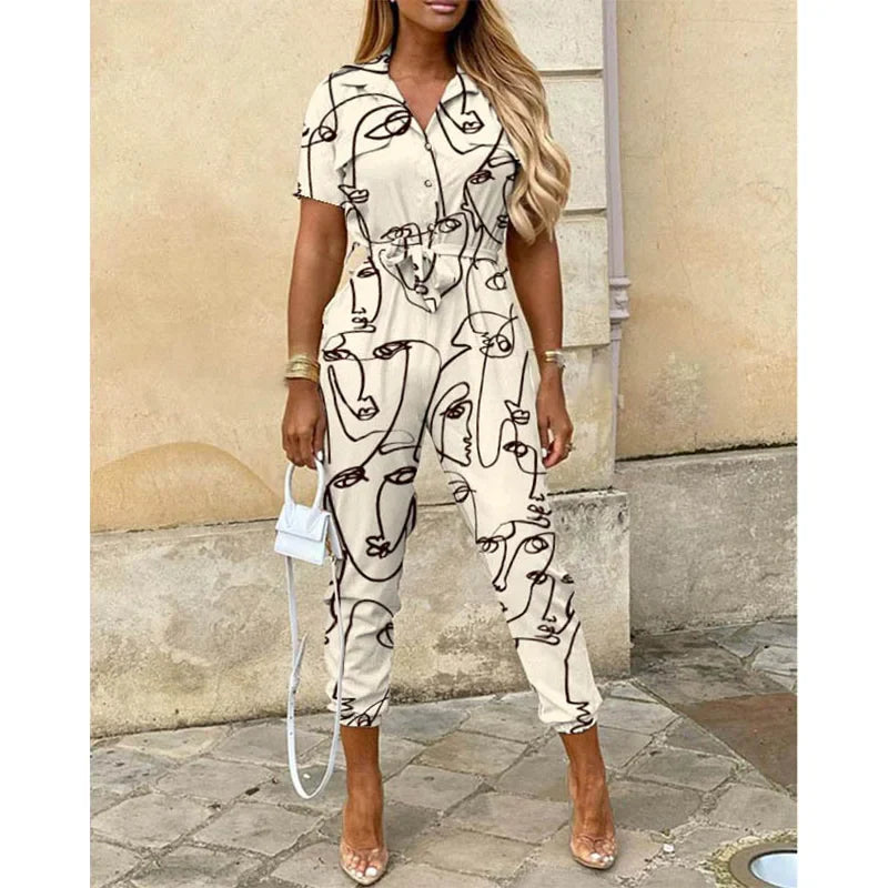Summer Casual Women's Jumpsuit with Lapel Collar Printed Waistband and Stylish Buckle Detail
