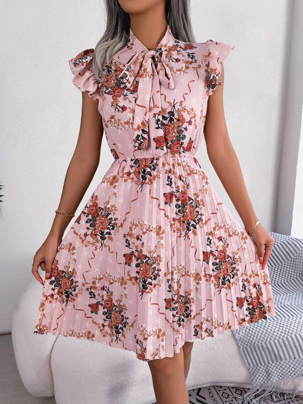Womens Floral Print Bow Dress With Slim Pleated Waist