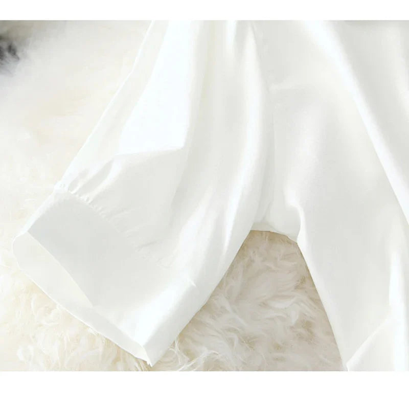 Women's White Button-Up Shirt with Tied Waist Elegant Solid Blouse Tunic Top Summer Casual Office Wear