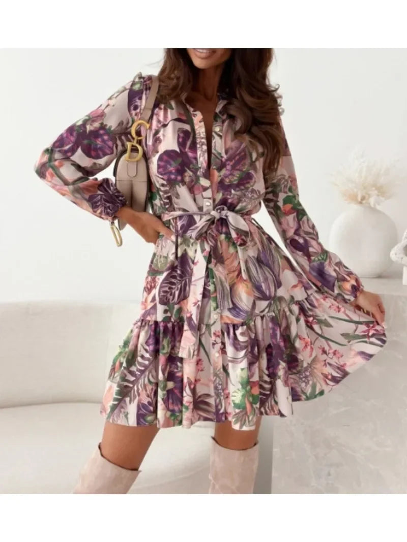 Womens Printed Shirt Dress With Belt Round Neck Long Sleeve