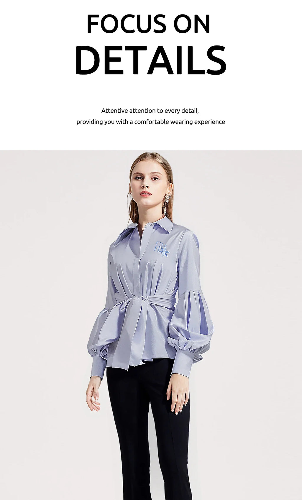 Women Embroidered Elegant Lantern Sleeve Blouse Casual Long Sleeve Office Shirt Fashionable Commuting Top