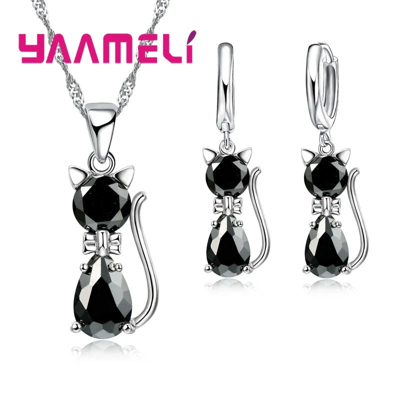 925 Sterling Silver Cat Pendant Necklace and Huggie Earring Jewelry Set with Shining Austrian Crystal for Women and Girls