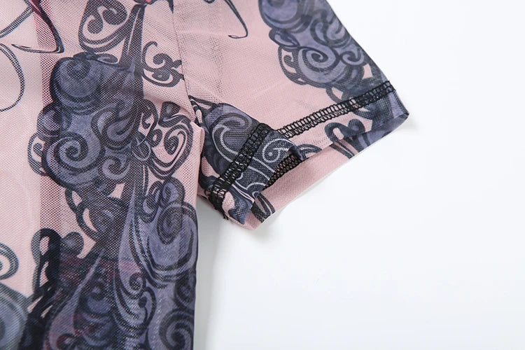 Colorful Mesh Print Jumpsuit for Women Sheer Backless Summer Clubwear Peach Buttocks Contour Tight Fit Overalls