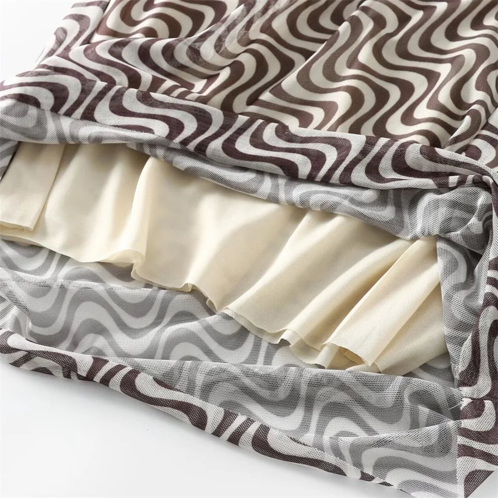 Women's Silk Screen Print Hanging Neck Open Back Top with High Waist Slimming Skirt Set Summer Fashion Two-Piece Outfit