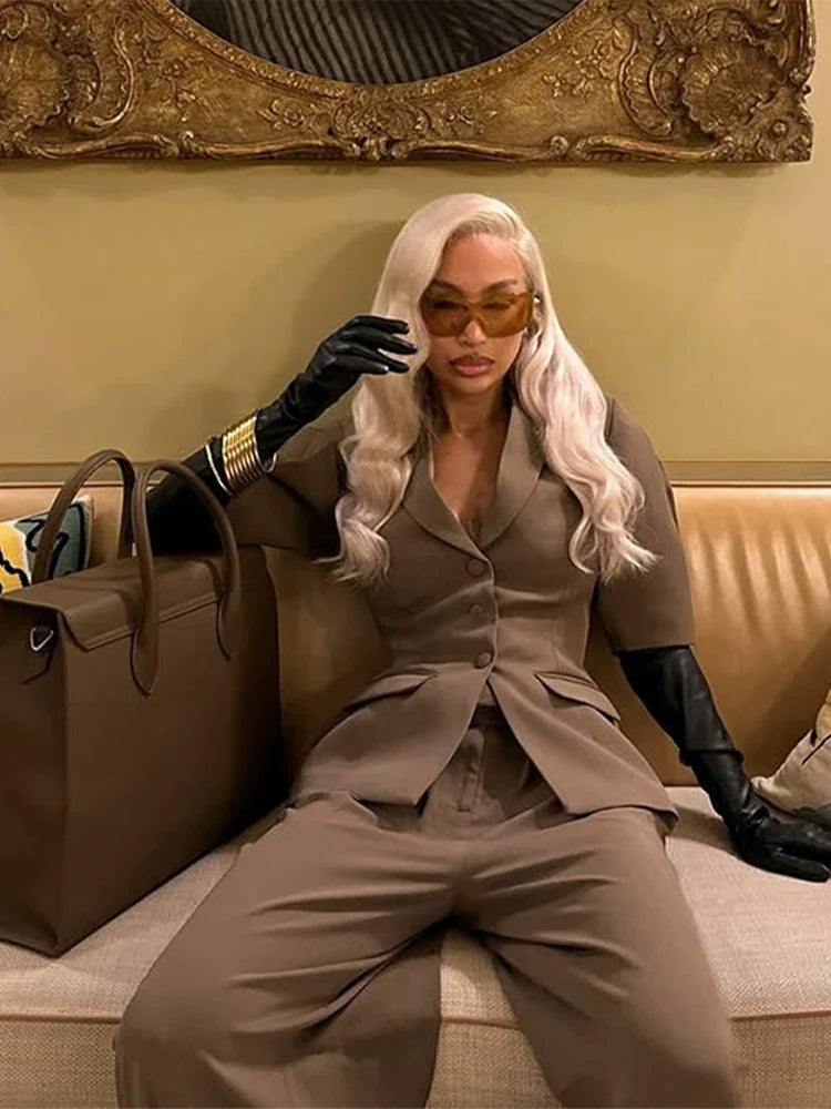 Casual Women Blazer Pants Suit with Slim Lapel Puff Sleeves and Wide Leg Trousers 2 Piece Outfit