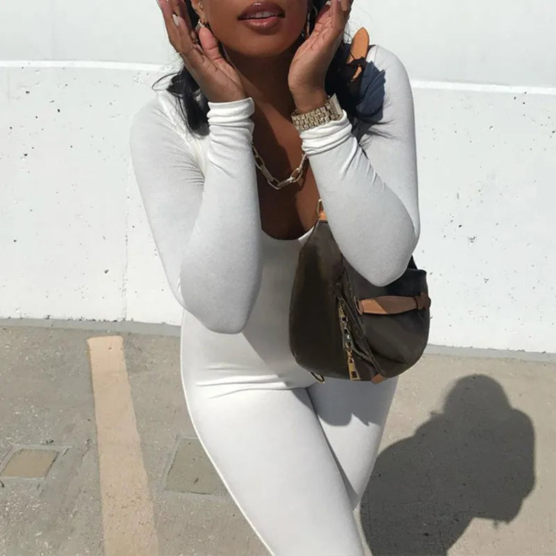 Women's Black Long Sleeve Bodycon Jumpsuit Slim Fit Sexy Solid Romper Casual Sporty Skinny Streetwear for Autumn Winter