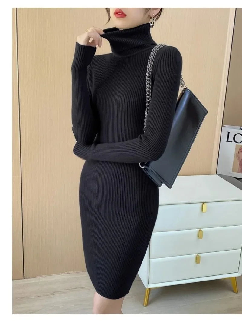 Korean Turtleneck Sweater Dress Bodycon Knit For Office
