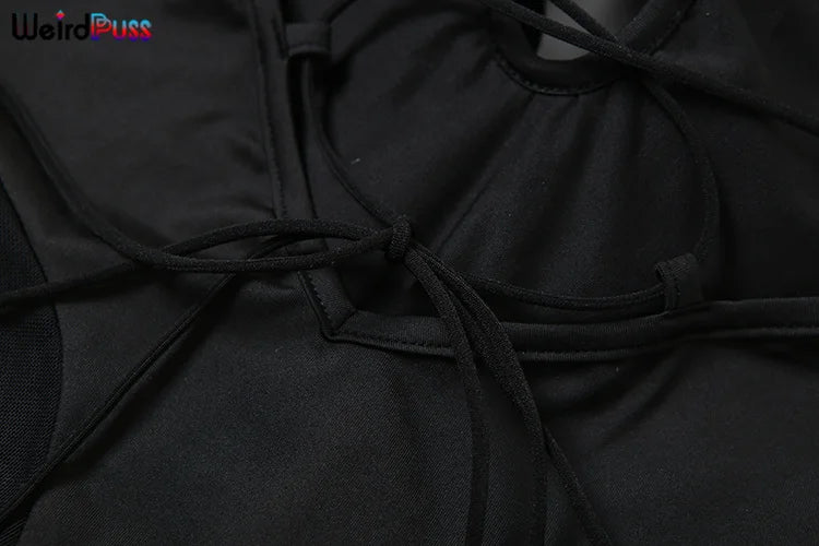 Weird Puss Blossoms Deep V-Neck Sleeveless Backless Jumpsuit for Women with Elastic Mesh Patchwork Skinny Stretch Flare Overalls