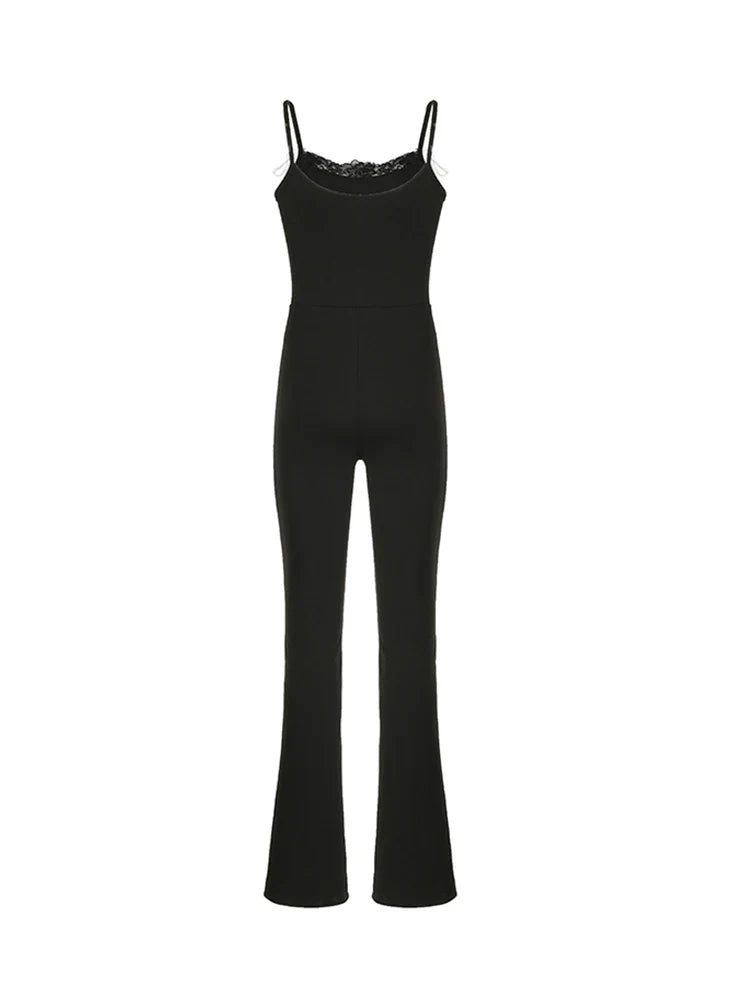 Black Sleeveless Skinny Flared Jumpsuit for Women with Lace Trim and Tie Bow Detail Cute Sweet Slip Romper