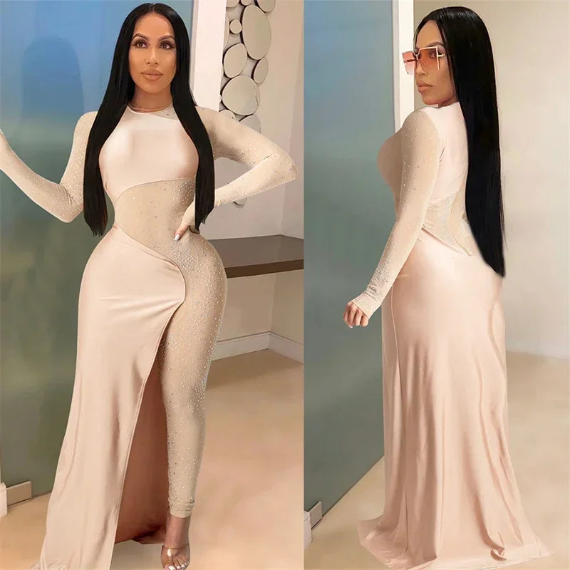 Elegant Rhinestone Long Sleeve Sheer Mesh Patchwork Skinny Jumpsuit Women's Luxury Night Party Club Romper Overalls Birthday Outfit