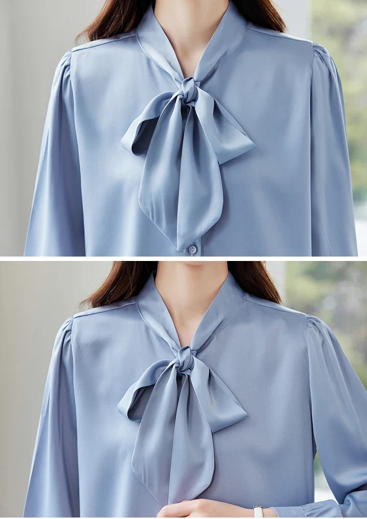 Elegant Women's Long Sleeve Blouse with Bow Collar Casual Loose Fit White Office Shirt Top