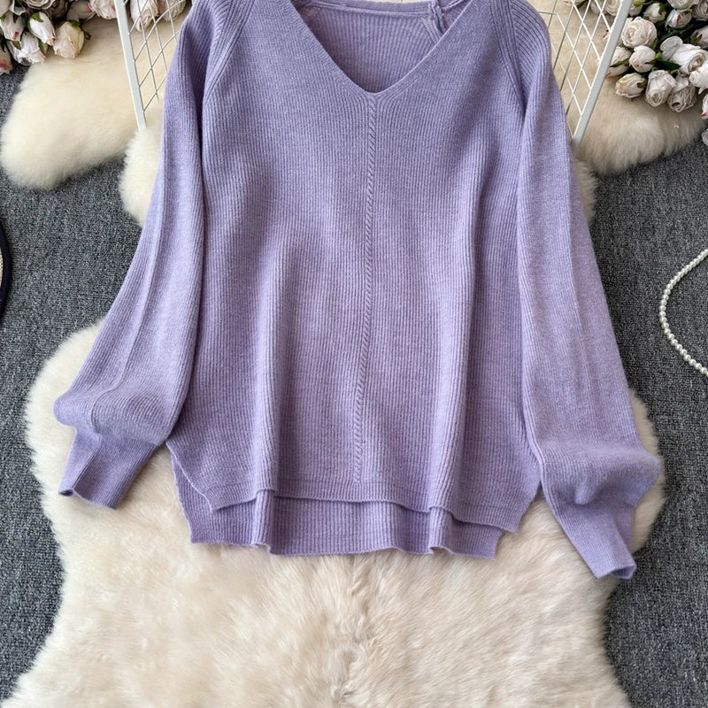 Knitted V-Neck Sweater and Straight Jogging Pants Women's Tracksuit Set