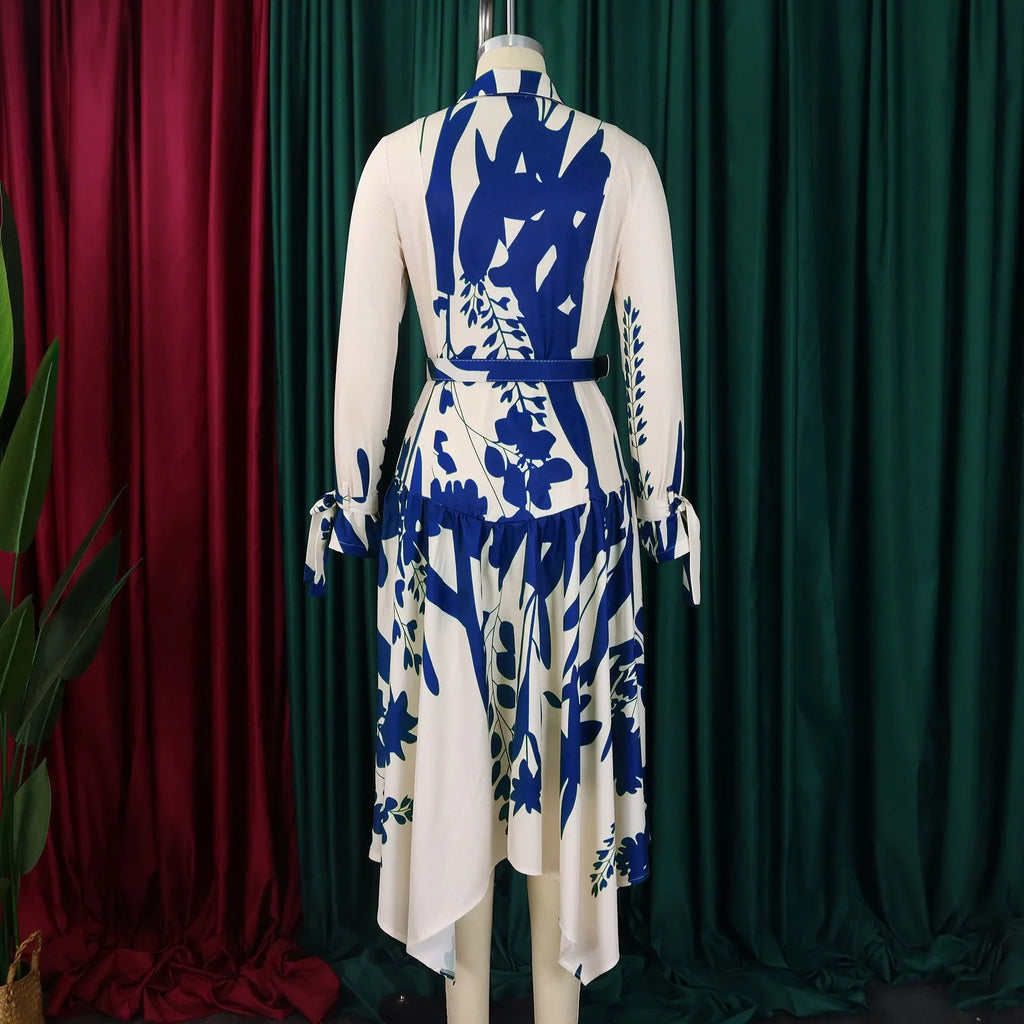 Printed Dress For Women Elegant Turn Collar Ankle Length