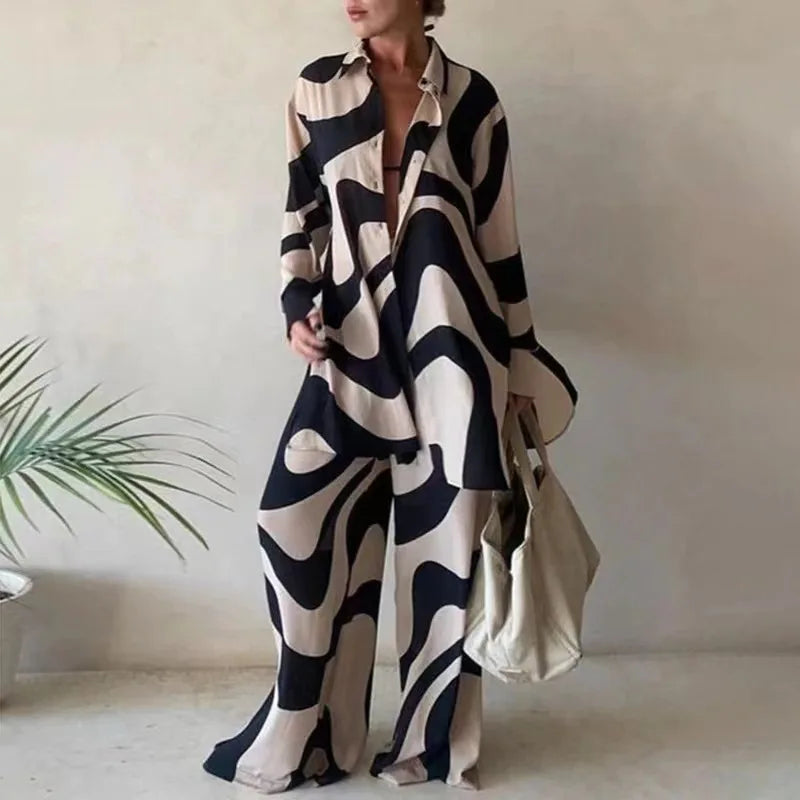 Fashion Printed Loose Long Sleeve Shirt and Straight Leg Pants Set for Women