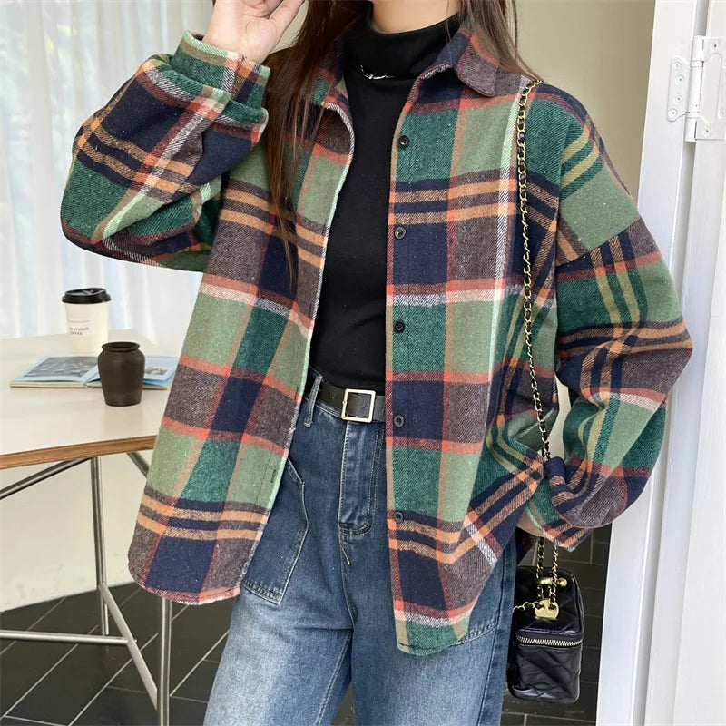 Women's Casual Blushed Flannel Shirt Long Sleeve Collared Button Down Plaid Blouse Fall Winter Vintage Top