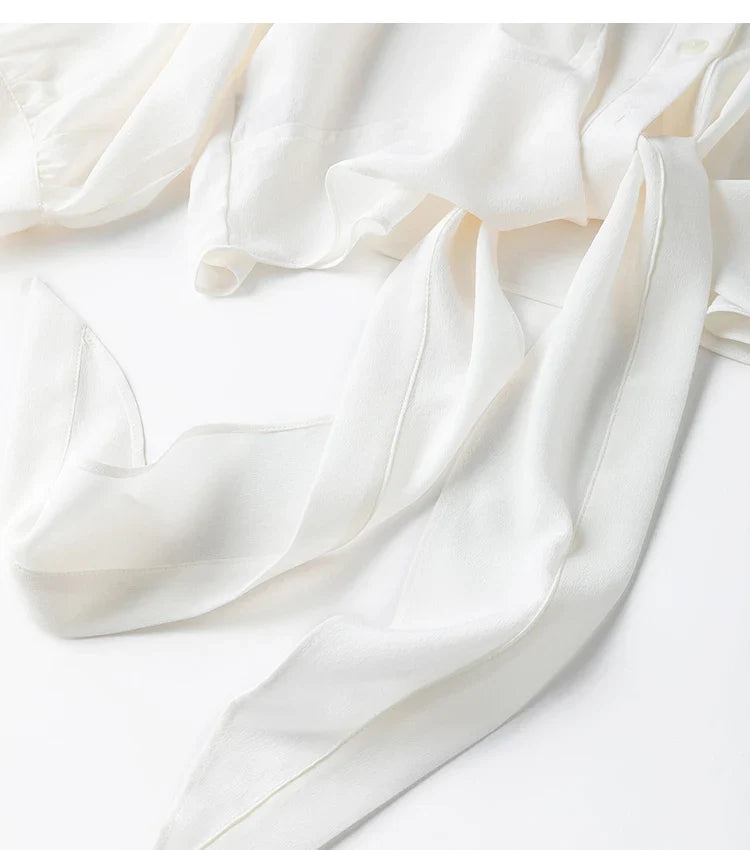 Women 100 Percent Mulberry Crepe Silk White Blouse Lantern Sleeves Bow-Tie Hem Loose Fit Office Top