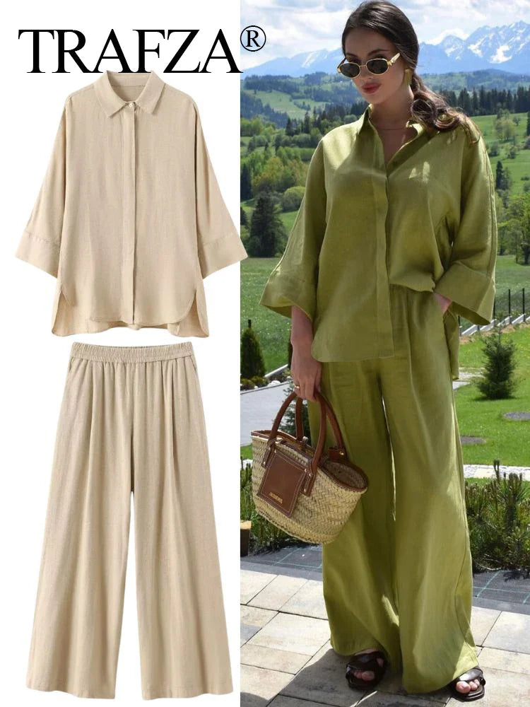 Women Casual Summer Outfit Two Piece Set with Solid Loose Lapel Shirt and High Waist Wide Leg Pants