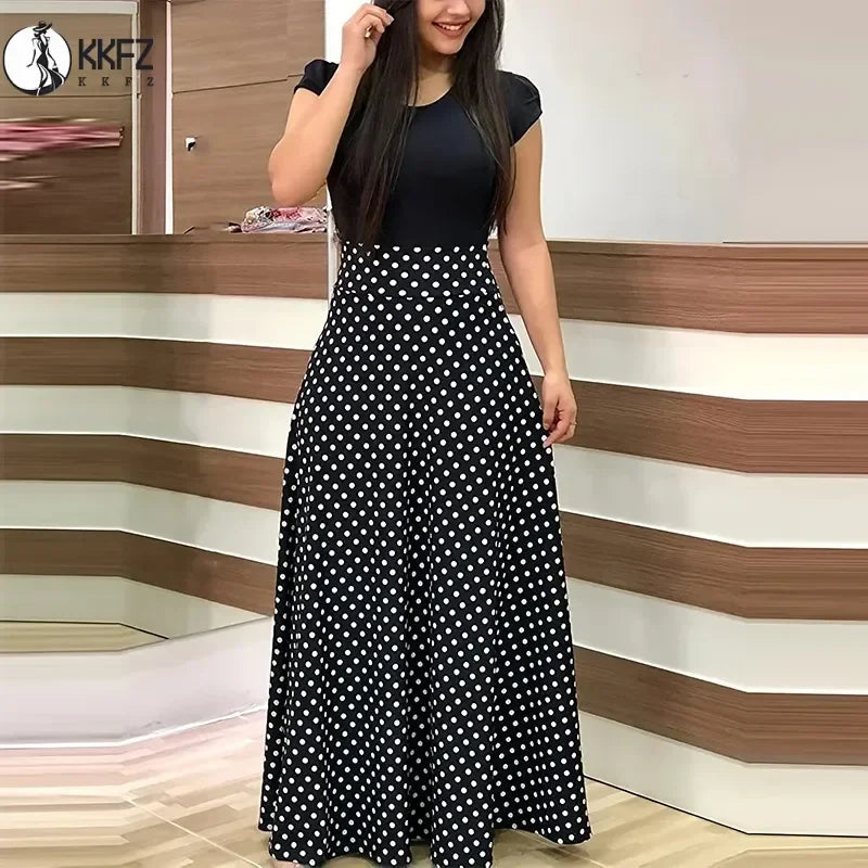 Printed Pleated Maxi Dress With Crew Neck Short Sleeves