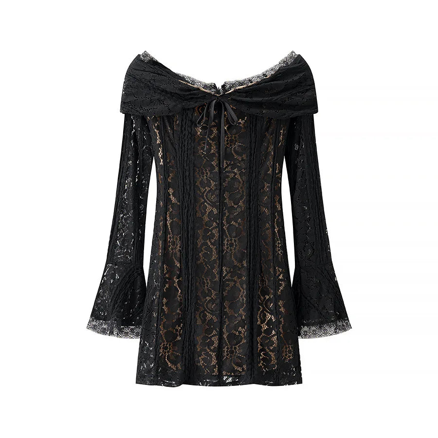 One Shoulder Lace Up Mini Dress With Bell Sleeves High Waist