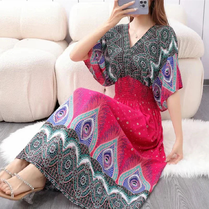 Chic Womens V Neck Vintage Boho Print A Line Dress Style