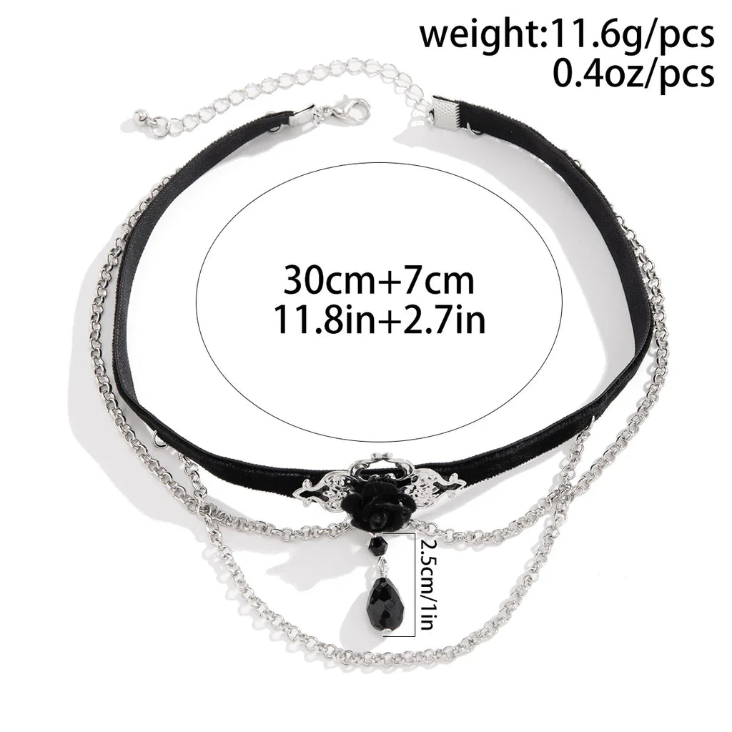 Punk Black Cotton Rope Choker Necklace with Link Chain Tassel and Crystal Beads for Women