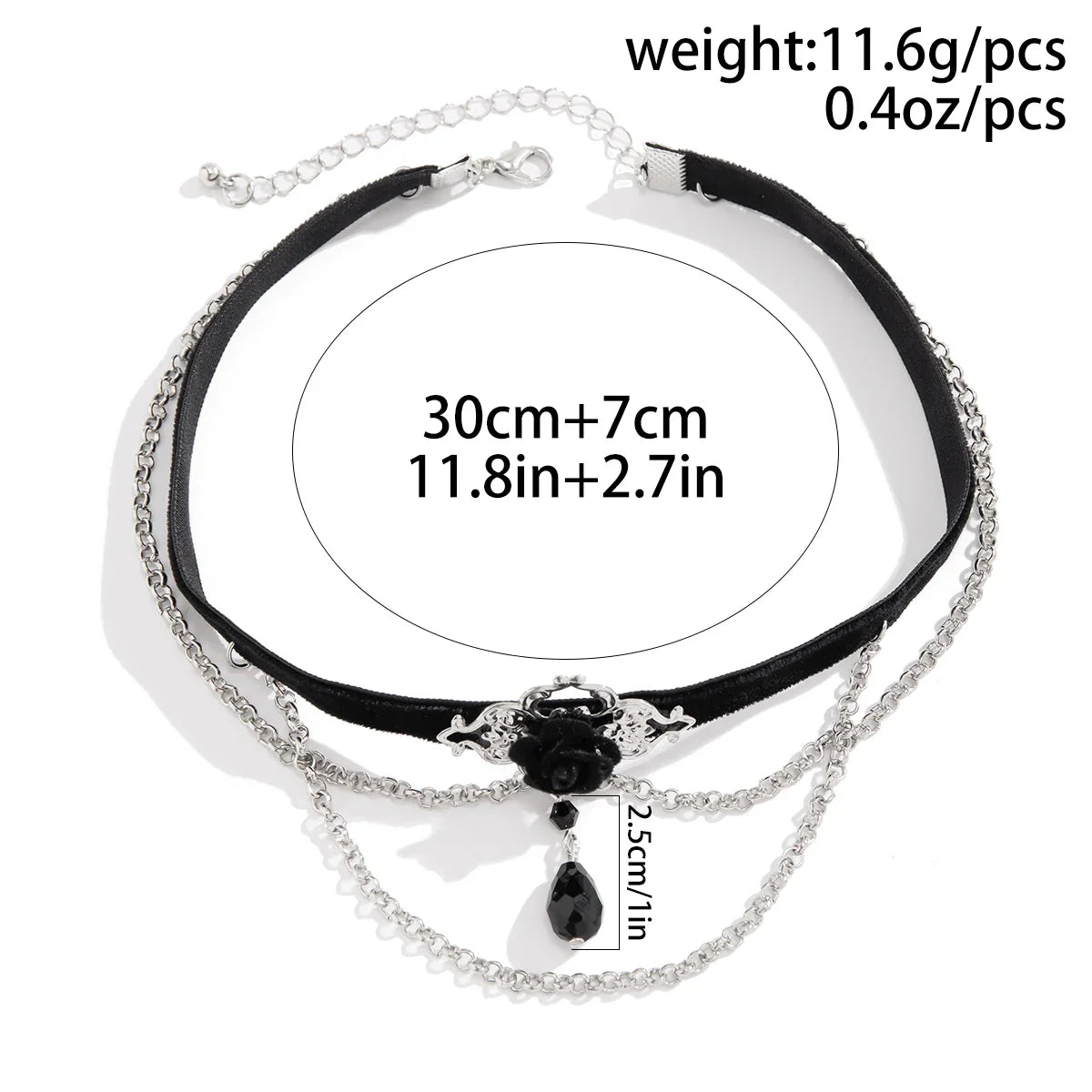 Punk Black Cotton Rope Choker Necklace with Link Chain Tassel and Crystal Beads for Women