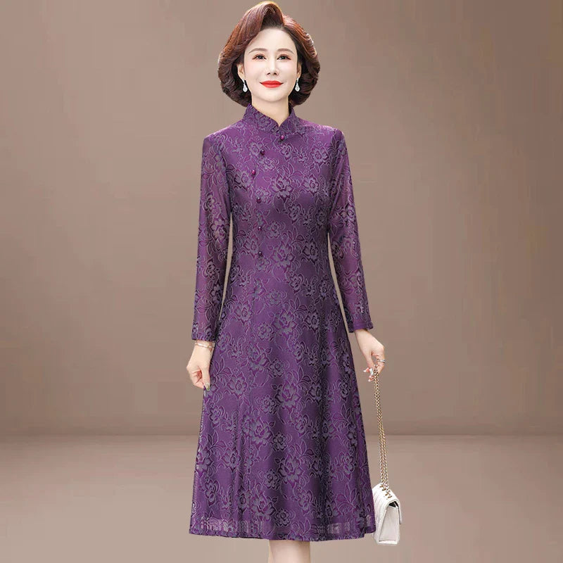 Elegant Lace Dress For Women With Qipao Collar A Line Long