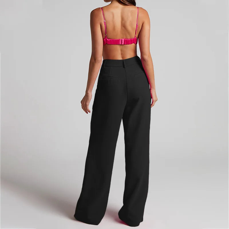 Elegant Women's Blazer Set with High Waisted Pants for Stylish Office Wear in Solid Colors Perfect for All Seasons
