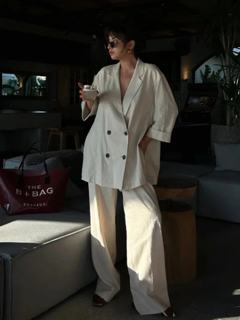 Women's Satin Blazer and High Waisted Straight Leg Pant Set with Crease Texture