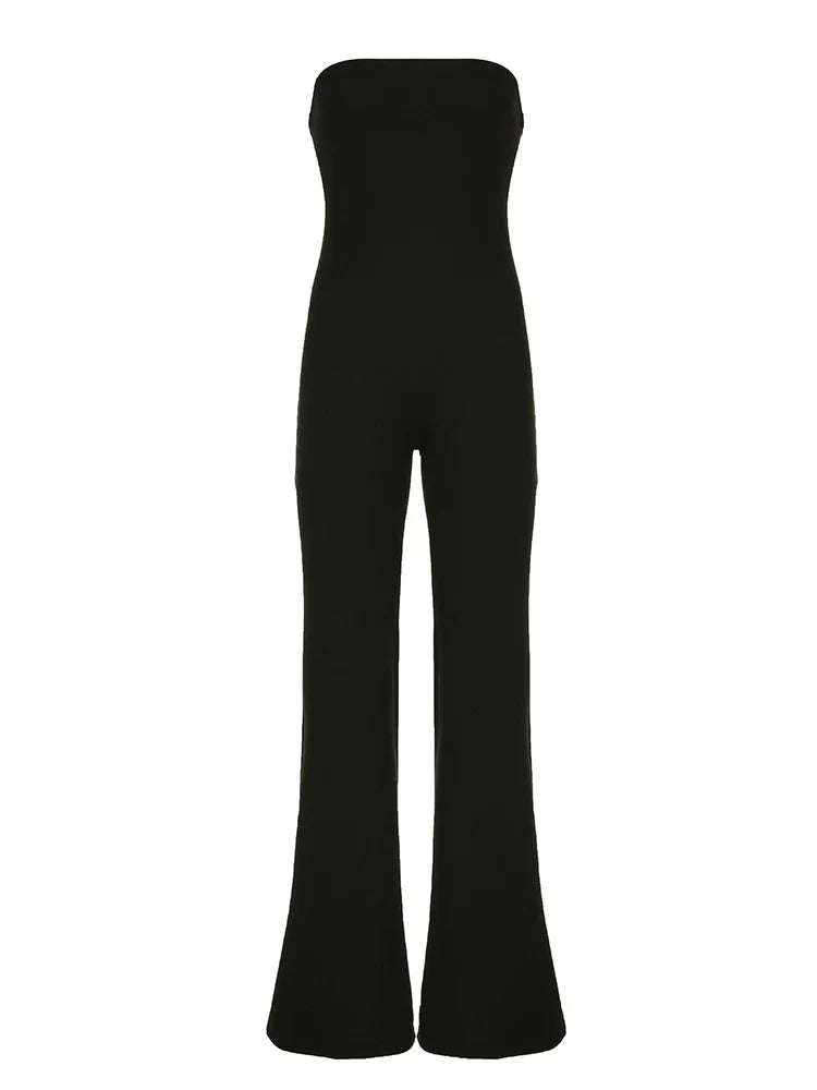 Black Strapless Elegant Long Jumpsuit for Women Slim Fit Wide Leg Flared Rompers Stylish Vacation Overalls