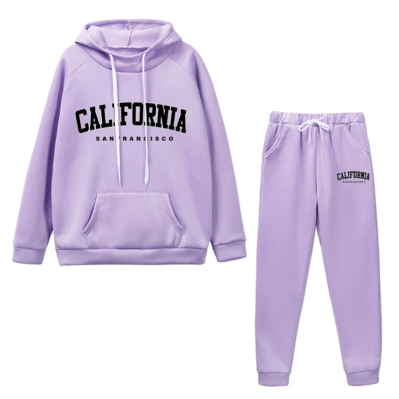 Womens California Letter Printing Hooded Tracksuit Set High Quality Casual Jogging Sweatshirt and Pants