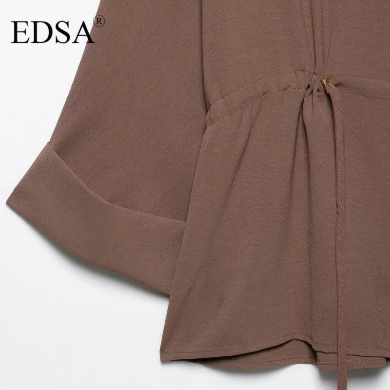 Women Camel Safari Style Flowing Shirt with Drawstring Waist Wide Sleeves and Turn-up Cuffs Casual Blouse for Holiday and Everyday Wear