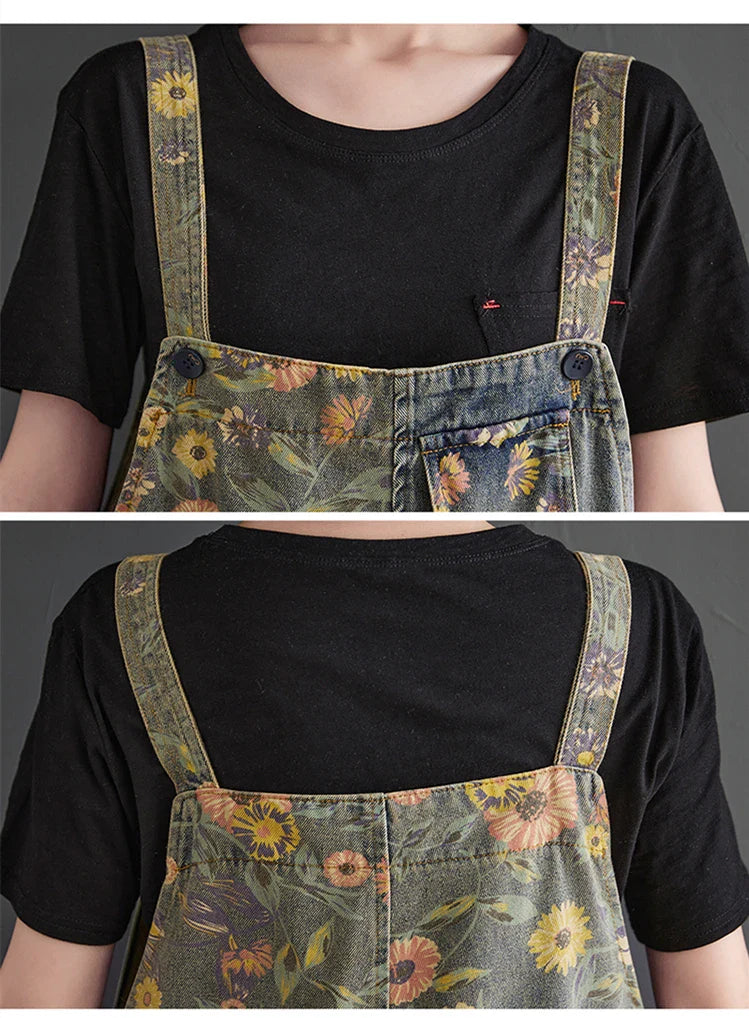 Casual Oversized Floral Print Denim Overalls for Women Loose Wide Leg Mom Jeans Romper Jumpsuit with Cargo Straps Baggy Pants