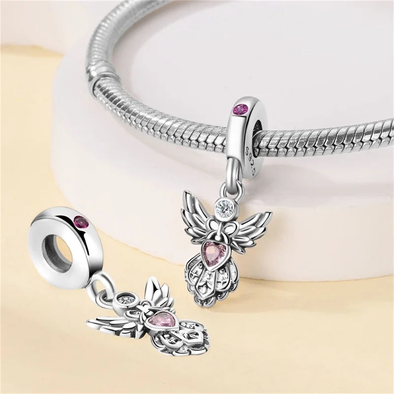 Silver Plated Lotus Guardian Angel Heart-Shaped Zircon Charms Beads for DIY Jewelry and 925 Bracelets