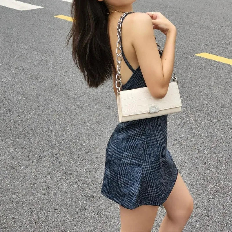 Plaid Backless Bodycon Mini Dress with Suspender Straps
